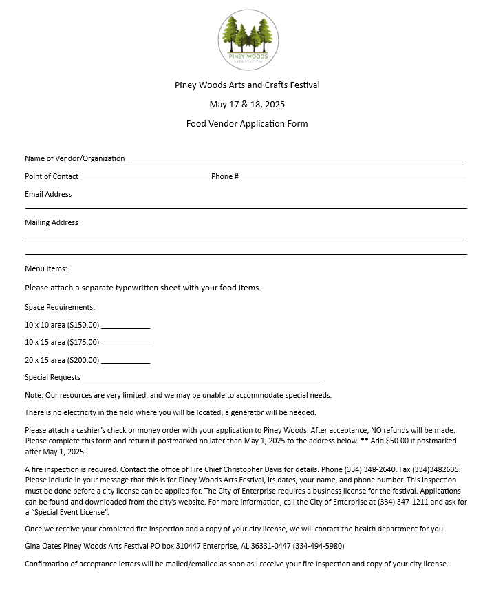 Piney Woods 2026 Food Vendor Application Piney Woods 2026 Food Vendor Application